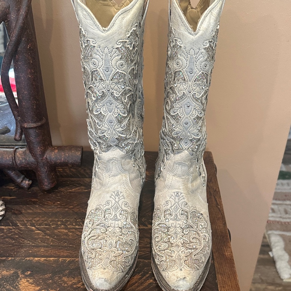 Cream Leather Western Boots